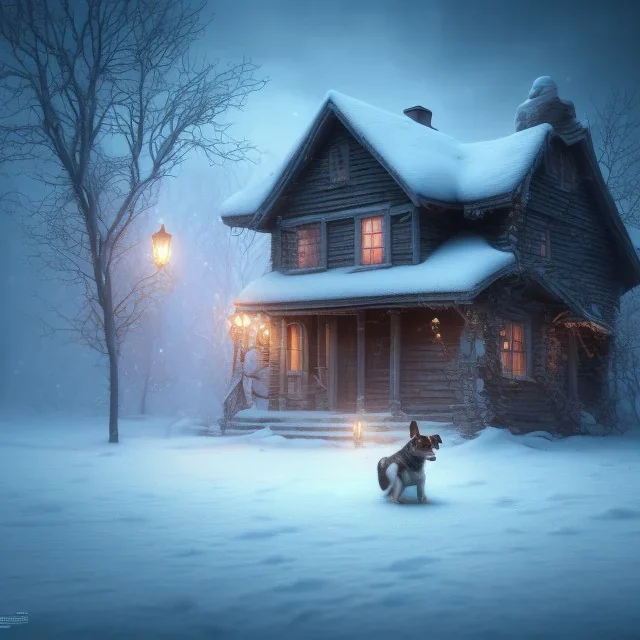 sad, scared, sad, lonely dog tied with a leash in front of a house, winter, 8k resolution, high-quality, fine-detail, intricate, digital art, detailed matte, volumetric lighting, illustration, 3D octane render, brian froud, howard lyon, selina french, anna dittmann, annie stokes, lisa parker, greg rutowski