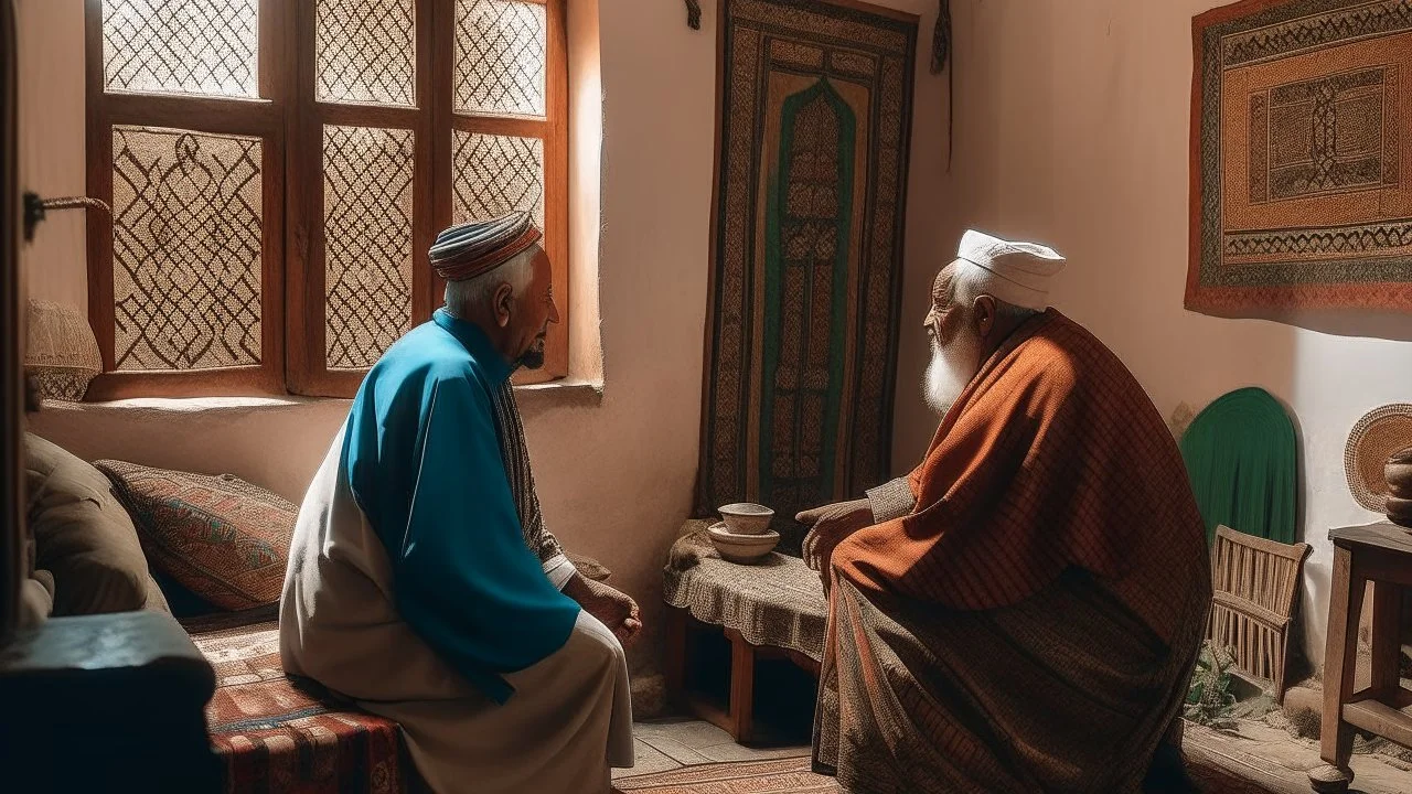 Two fifty-year-old people in traditional Moroccan clothing are discussing in the room of a Moroccan house, with only their backs visible