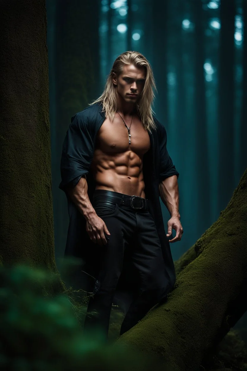 Muscular Alpha male with dirty long blonde undercut hair, and piercing blue eyes. Dark Fantasy dark forest background photo realistic