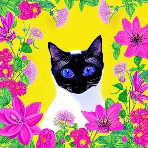 adorable siamese cat, beautiful portrait, flowery landscape, cosmic atmosphere, perfect composition, 8k, super detailed, delicate flowers, complementary colours, intricate details, people