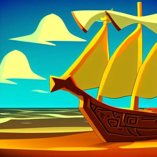 Legend Of Zelda: Wind Waker style Small wooden ship, with bright sails, on a vast ocean, stylized, celshaded, colorful, adventurous, full view.