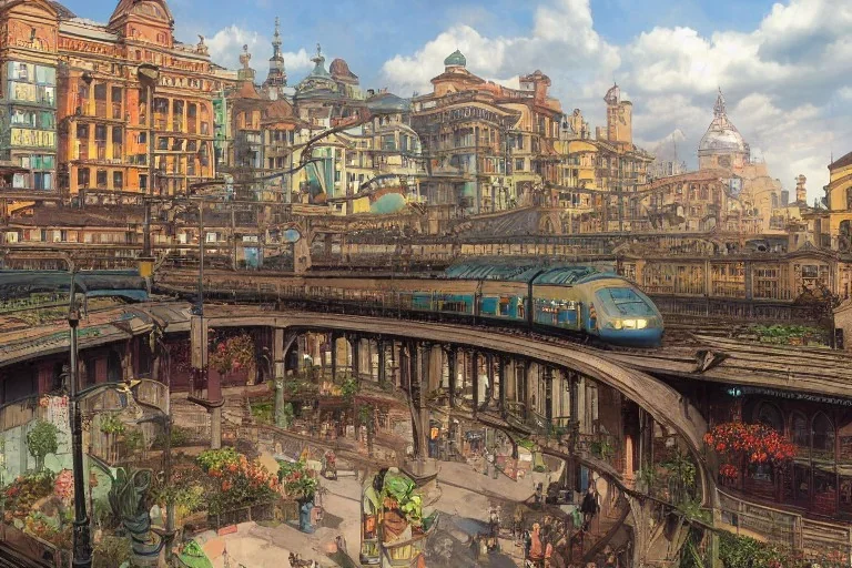 Train station +Colourful city+old lamp+Bar and garden on High Bridges across Skyscraper river+canals+Gothic village+European Metropolis on sea+naples alley+Torino square+trieste canals+victorian London+decòpunk Skyscraper+ +steampunk+biopunk+alphonse mucha, greg rutkowski, matte painting, cryengine, hyper detailed, felix kelly, fantasy art, seb mckinnon