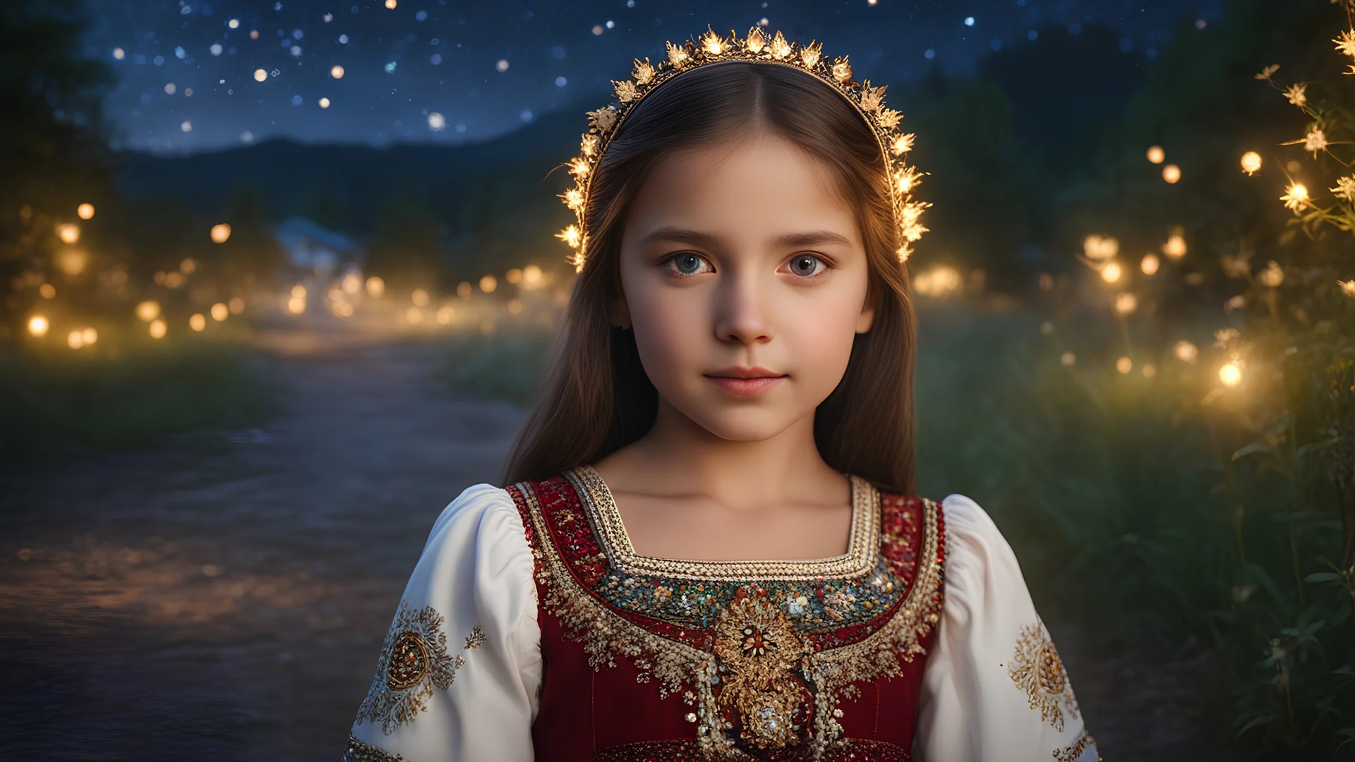 little very young Bulgarian girl, beautiful, peaceful, gentle, confident, calm, wise, happy, facing camera, head and shoulders, traditional Bulgarian costume, perfect eyes, exquisite composition, night scene, fireflies, stars, Bulgarian landscape, beautiful intricate insanely detailed octane render, 8k artistic photography, photorealistic concept art, soft natural volumetric cinematic perfect light, chiaroscuro, award-winning photograph, masterpiece, Raphael, Bouguereau, Alma-Tadema