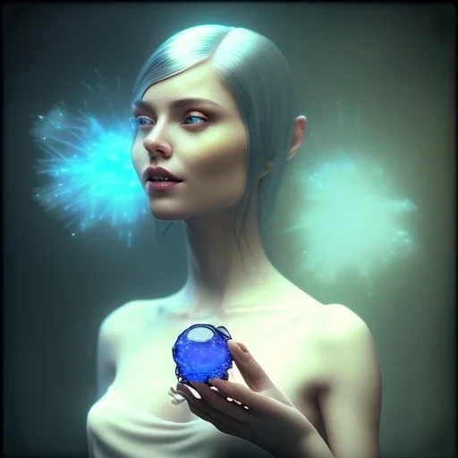 a happy woman holding a blue crystal up to the sky, steam punk, realistic, made in octane, cinematic, ultra-realistic, extremely detailed octane rendering, 8K, VRAY Super Real ar 2:3, dof photorealistic futuristic 50mm lens hard lighting dark gray tintype photograph, realistic lighting