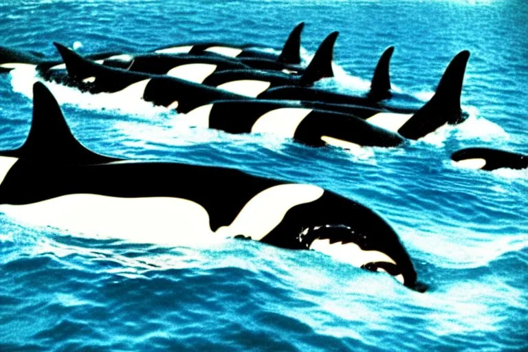 An orca army fighting Americans in WW2 swimming up a stream to attack