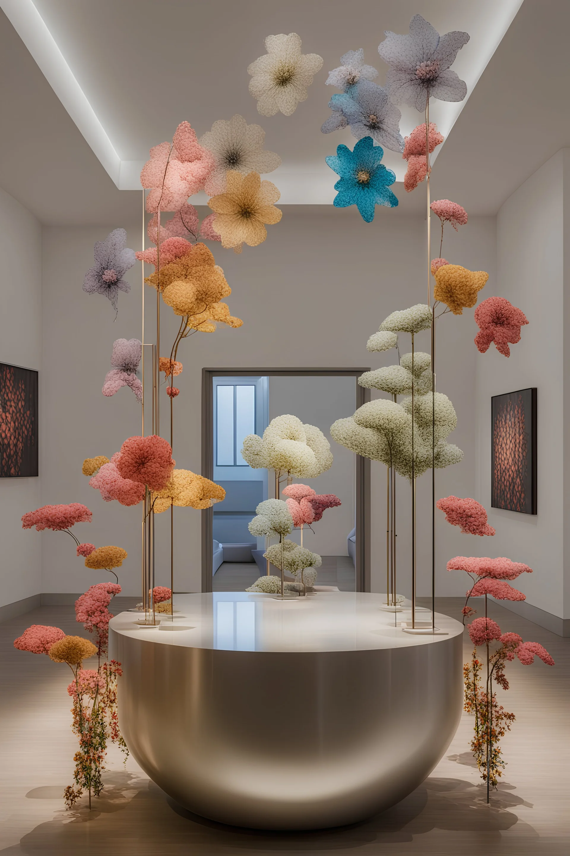 room displaying modern abstract flowers sculptures in a modern fairy tale ambience