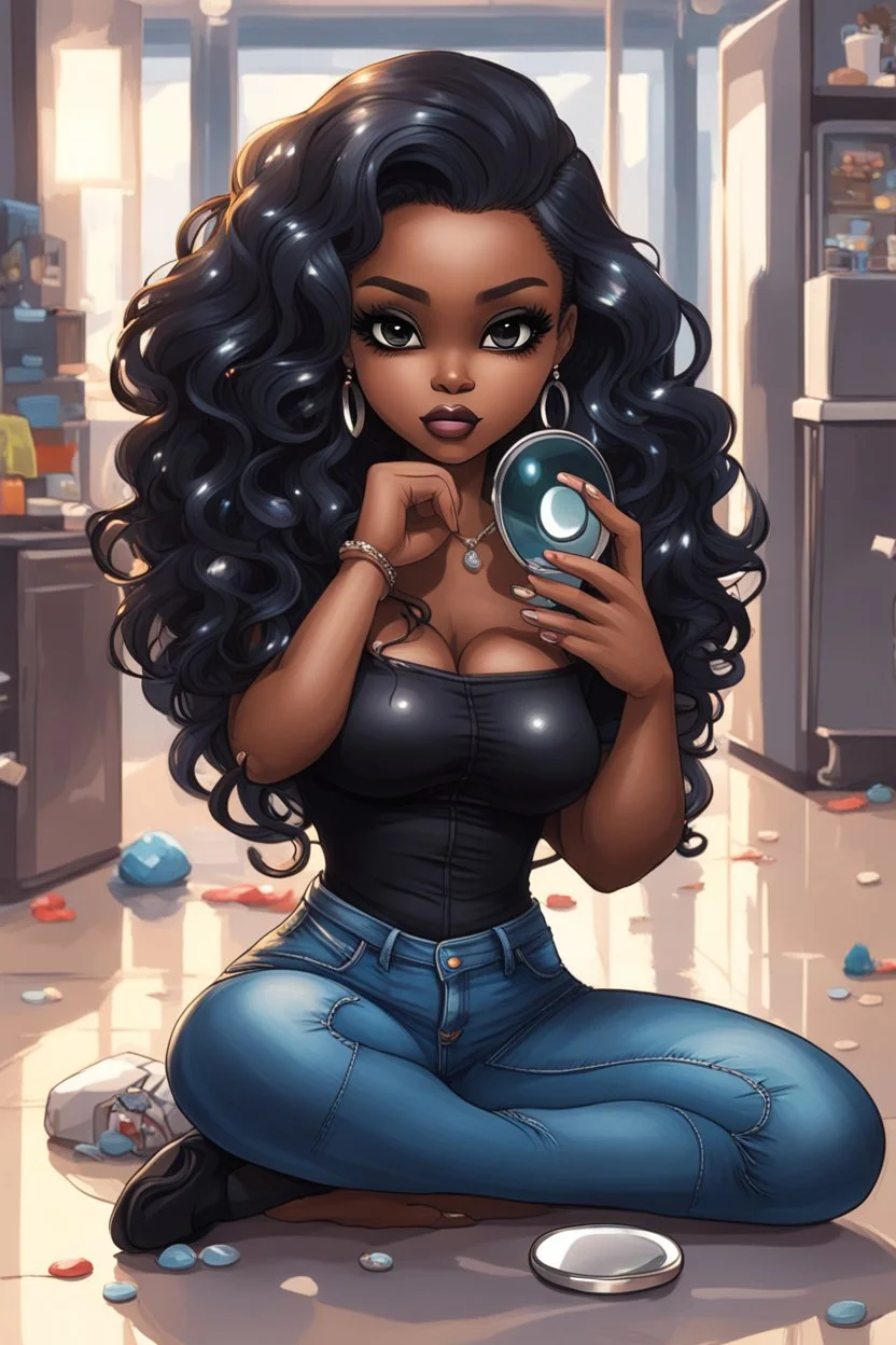 Create a futurism magna art of a black chibi curvy female sitting on the floor looking at herself in a hand mirror. She is wearing tight blue jeans and a black off the shoulder blouse. Prominent make up with lush lashes. Highly detailed long wavy hair. She is also wearing silver large hoop earringsart of a black chibi curvy female sitting on the floor looking at her cell phone. She is wearing tight blue jeans and a black off the shoulder blouse. Prominent make up with lush lashes.