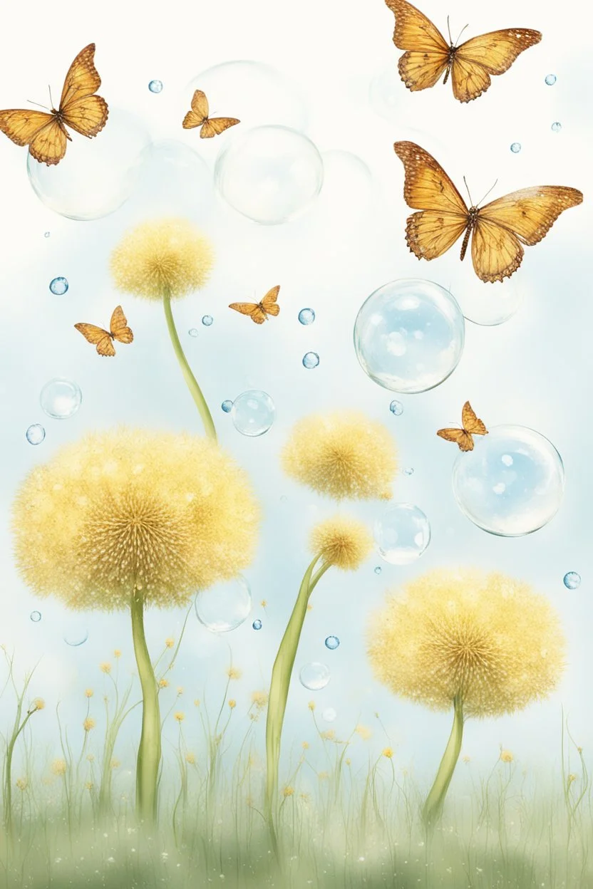 Butterflies and bubbles going up to the sky through a field of dandelions