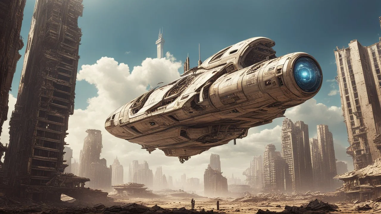 A small, wide, squat Spaceship hovering in a ruined alien city, surrounded by tall damaged buildings, clear blue sky, small white clouds, photorealistic