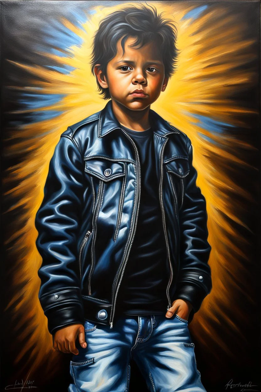 Famous actors as Children - facial Portrait - oil on canvas, chiaroscuro, deep shadows, fairytale, 20th century masterpiece, rich deep colors, highly detailed portrait, Eric Estrada wearing a black leather biker's jacket, a black "Iron Maiden" T-shirt, Blue Jeans, black Converse sneakers,