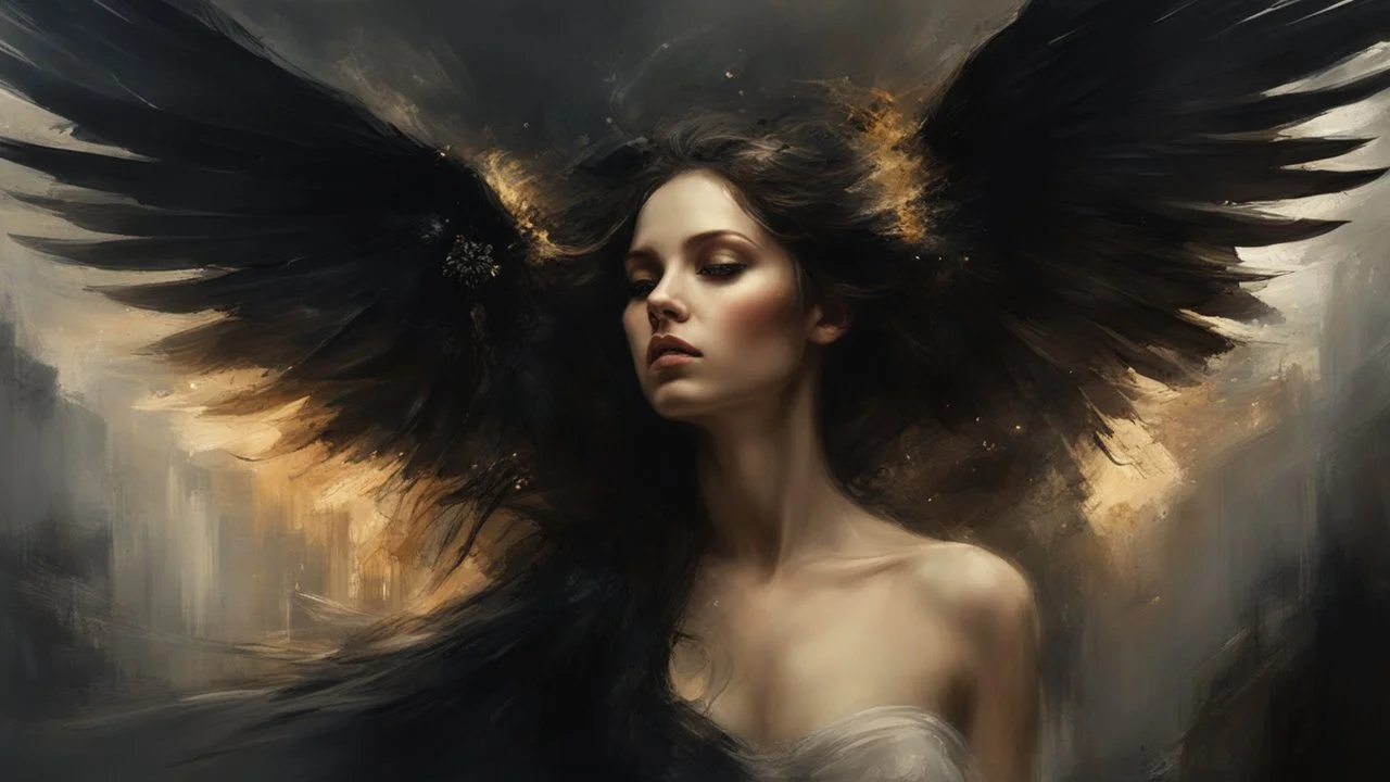 Dark and ethereal, the angel's black wings spread. Each wing carried with it an ancient story, a deep secret that hid in the shadows. cinematic detailed mysterious sharp focus high contrast dramatic volumetric lighting, :: mysterious and dark esoteric atmosphere :: digital matte painting by Jeremy Mann + Carne Griffiths + Leonid Afremov,, dramatic shading, detailed face