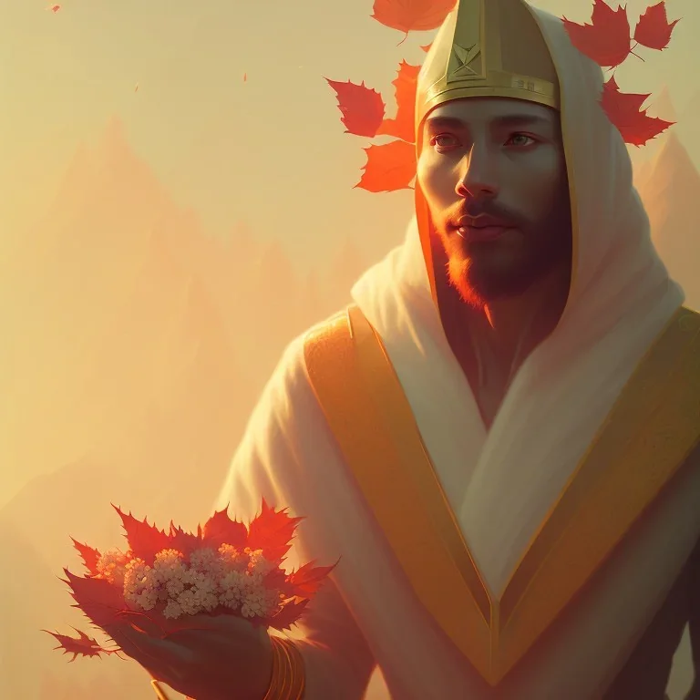 nasus portrait , detailed hands, at dawn by atey ghailan, golden light , white robe, holding leaves and flowers , angels background, volumetric light, high detail, red leaf tree, mountains in background, perfect