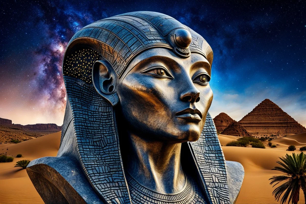 stunning cate-alien face sphinx statue made of granit in the desert, fantasy, deep colors, high detalied, sharp focus, stars on the sky, surrealistic, sci-fi mood