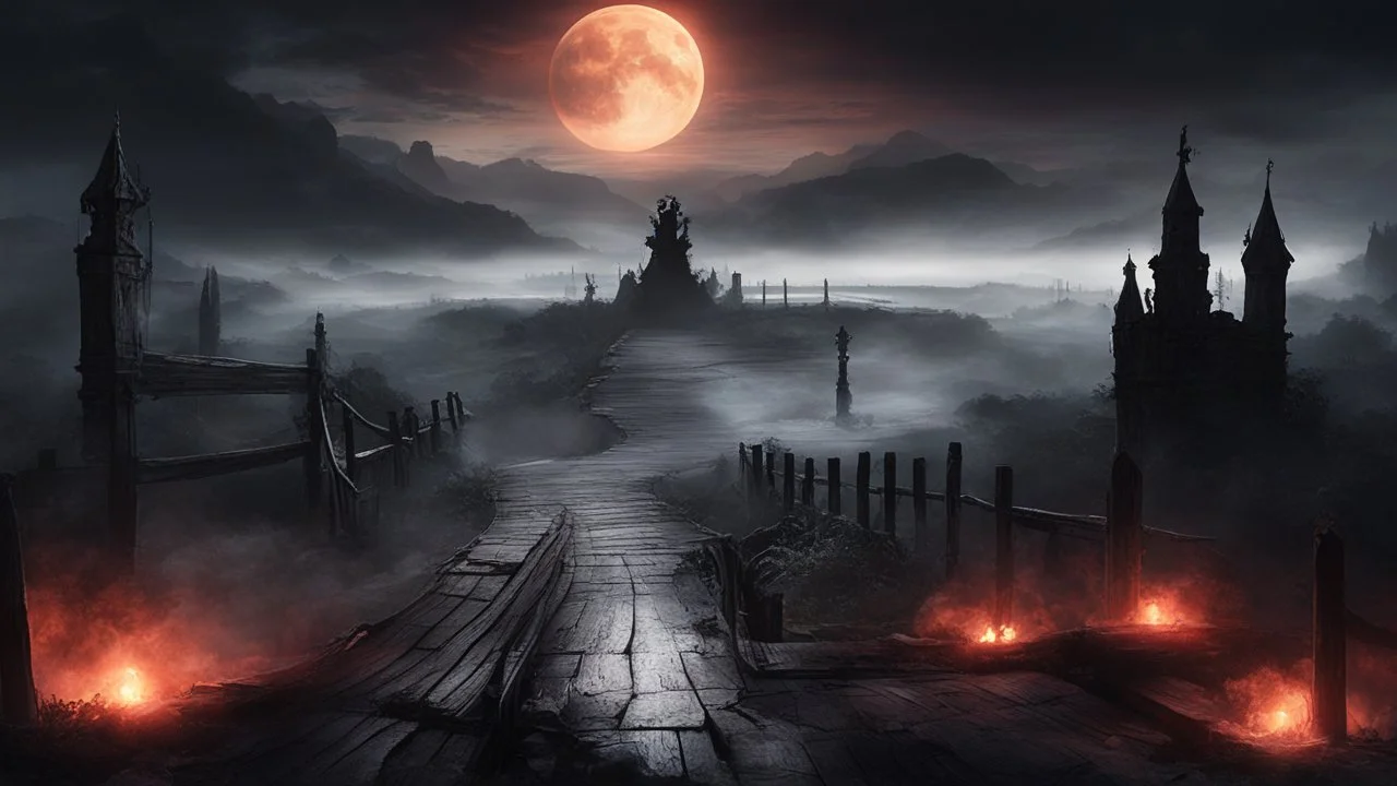 walking straight ahead over a wooden bridge, holding the angel of death with your right hand, entering the fog at the end of the road that leads to the afterlife, and a beautiful sunset and galaxy's behind the fog, realistic