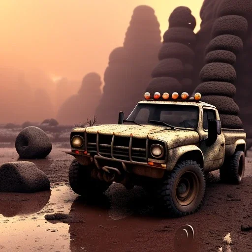 stylized hyperrealistic shot, muddy aggressive military toy truck, monotone color palette, sharp focus, puddle reflection, tire water splash, refraction, mist on the horizon, sunset, rocky terrain with huge boulders, detailed and intricate, cinematic composition, micro, tilt shift photography, unreal engine 5, octane render, 8k, cinematic lighting