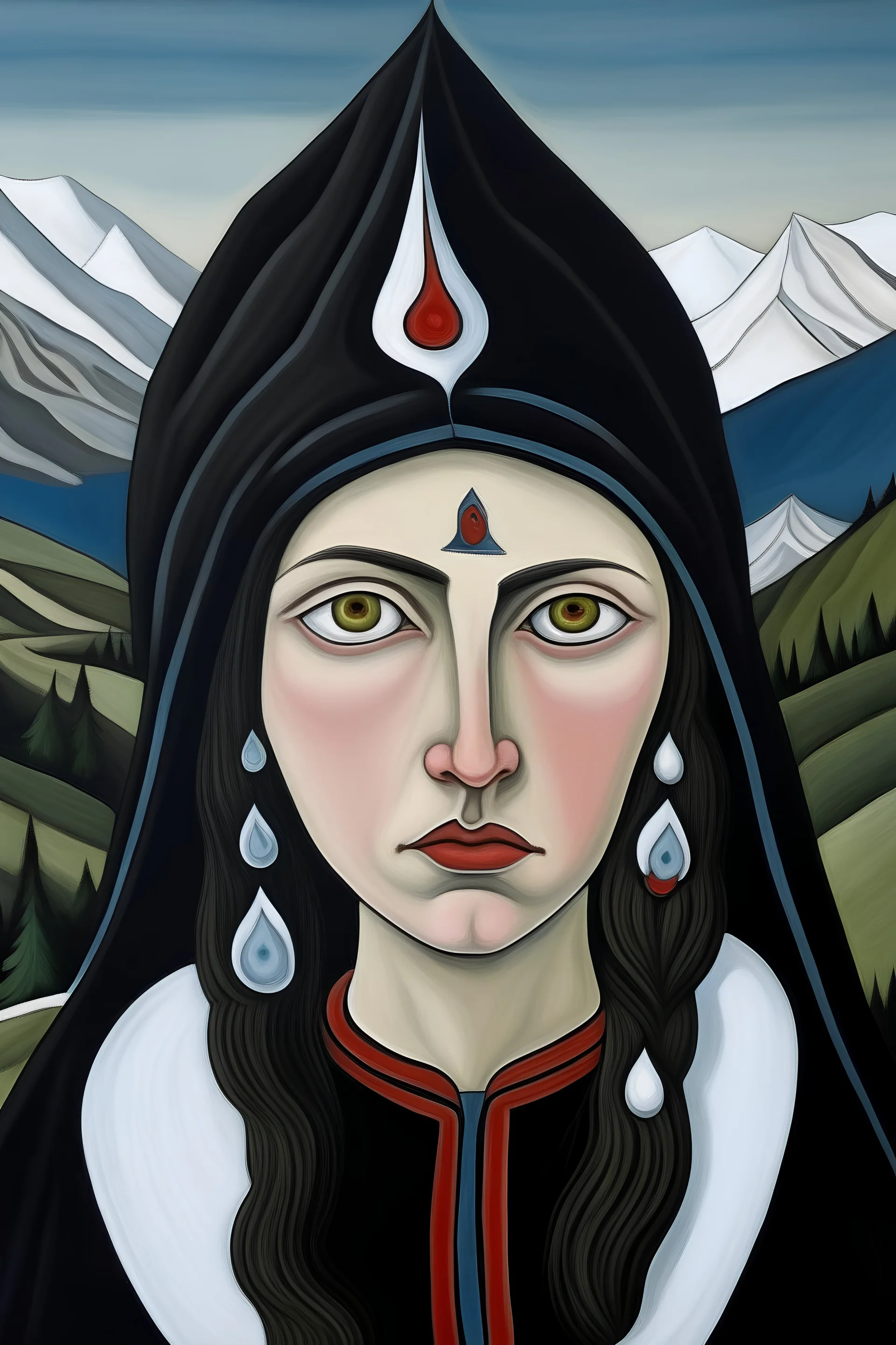 Portret of a gourges young woman in niko pirosmani style in mountains of Caucasus
