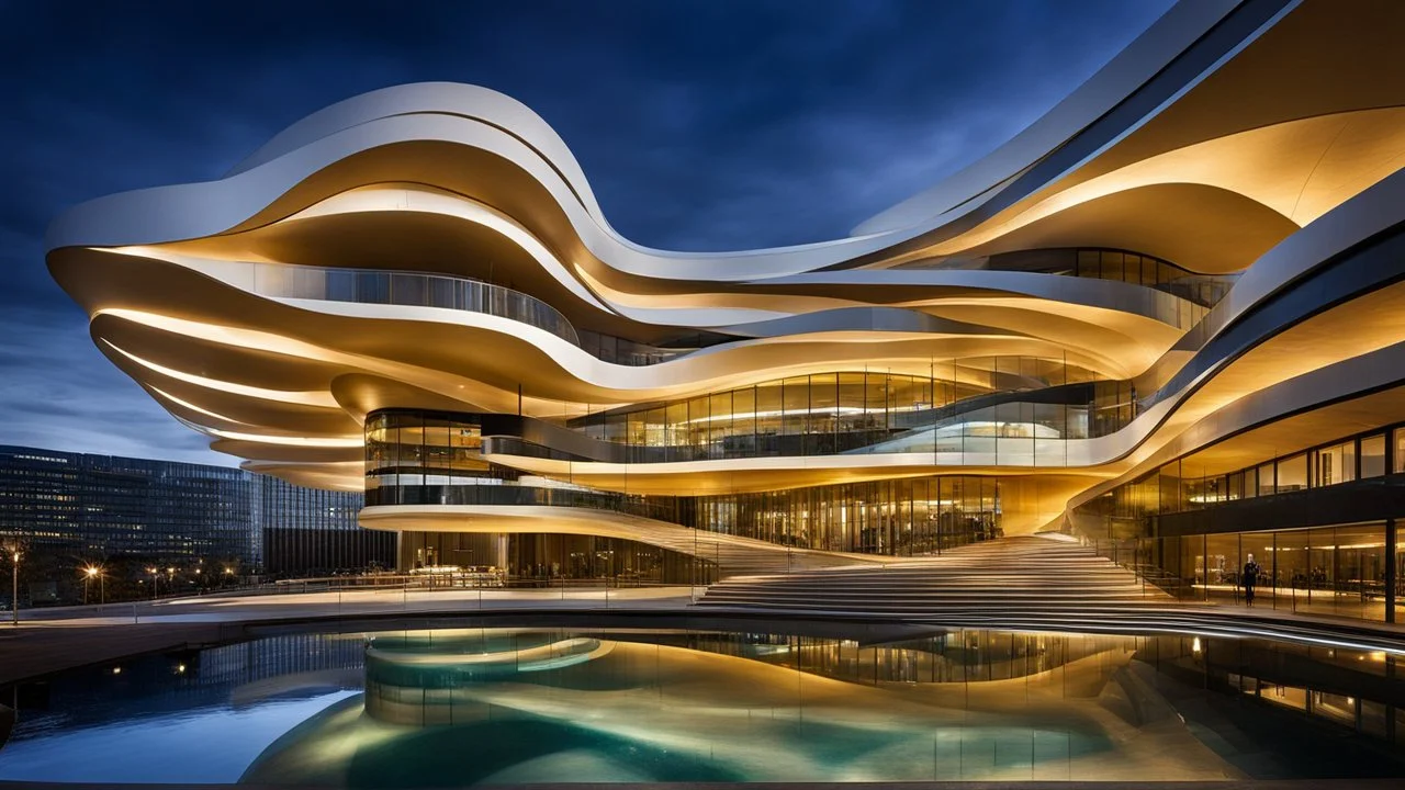 2084, delightful, sensitive, confident, undulating sinusoidal office block with pointed hyperbolic roofs, delicate, night, darkness, water features, exquisite architecture, innovative design, award-winning photograph, beautiful composition, filled with beautiful detail, delicate colour, chiaroscuro