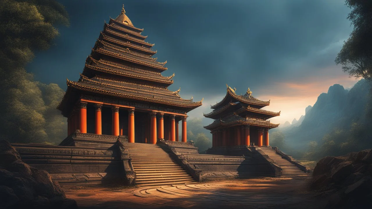 A forgotten huge tempel in the wilderness, cinematic lighting, hyper realisme, Hyperrealistic, splash art, concept art, mid shot, intricately detailed, color depth, dramatic, 2/3 face angle, side light, colorful background