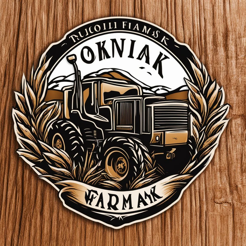 Truck Door Logo for a wheat farm, featuring a tractor and wheat, text "Pozniak Farms"