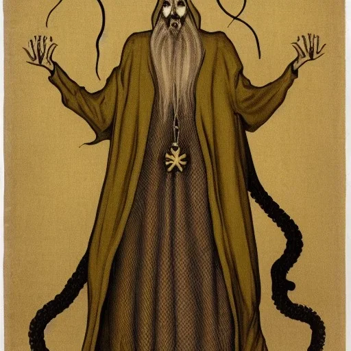 Russian Orthodox nosferatu with five yellow eyes and tentacle beard and long arms and fingers