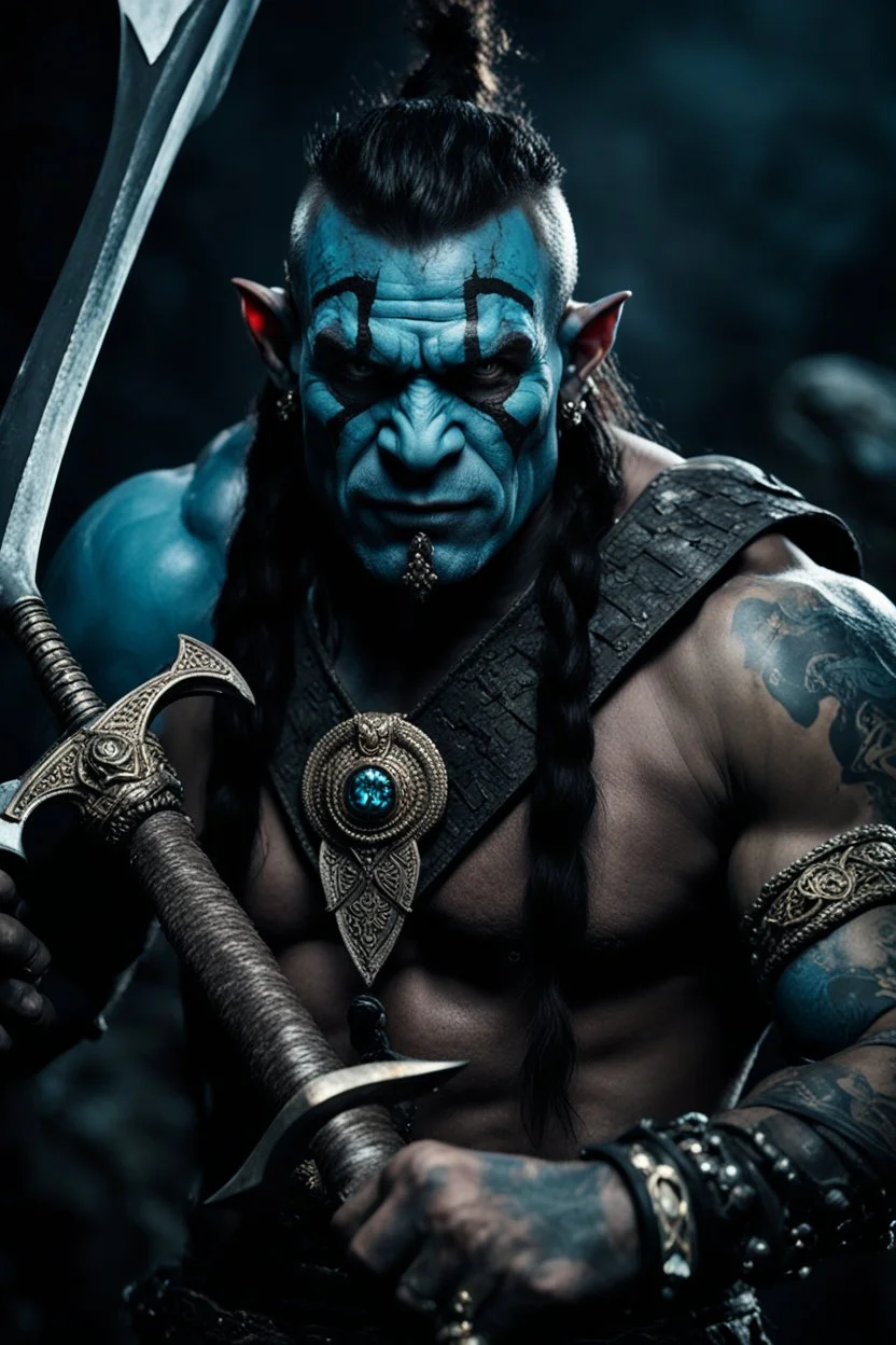 portrait of an orc king. Tribal Tattoo. Dark braided hair and ice blue eyes. smiling. Half of his head is shaved. wearing jewellery. Carrying a battleaxe. High resolution. 4K. 8K. Dark Fantasy style. Cave in the background