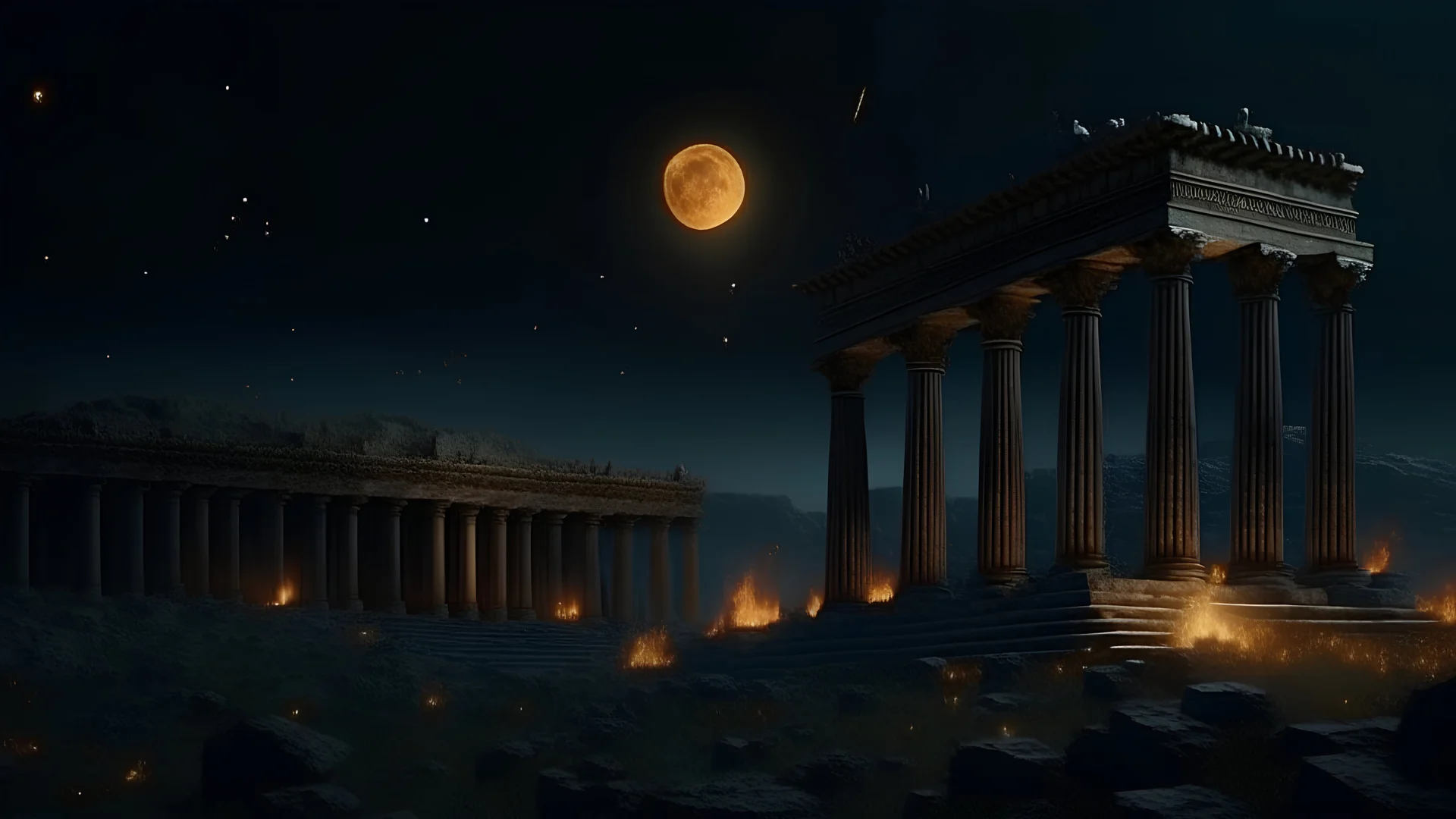 Marcus Aurelius, Greek city with columns and rays of fire particles background, full moon cinematic, 8k, dark background, 35 mm.