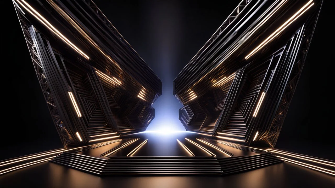 a 3d fractal stage structre made of metallic dark color 3d structures, pertty artistc background,dynamic lights