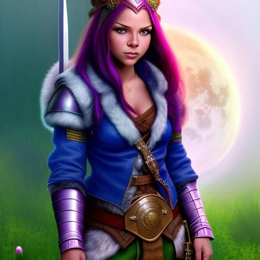 A Halfling woman adventurer with green eyes sitting against a silver bark tree with pink and purple leaves.