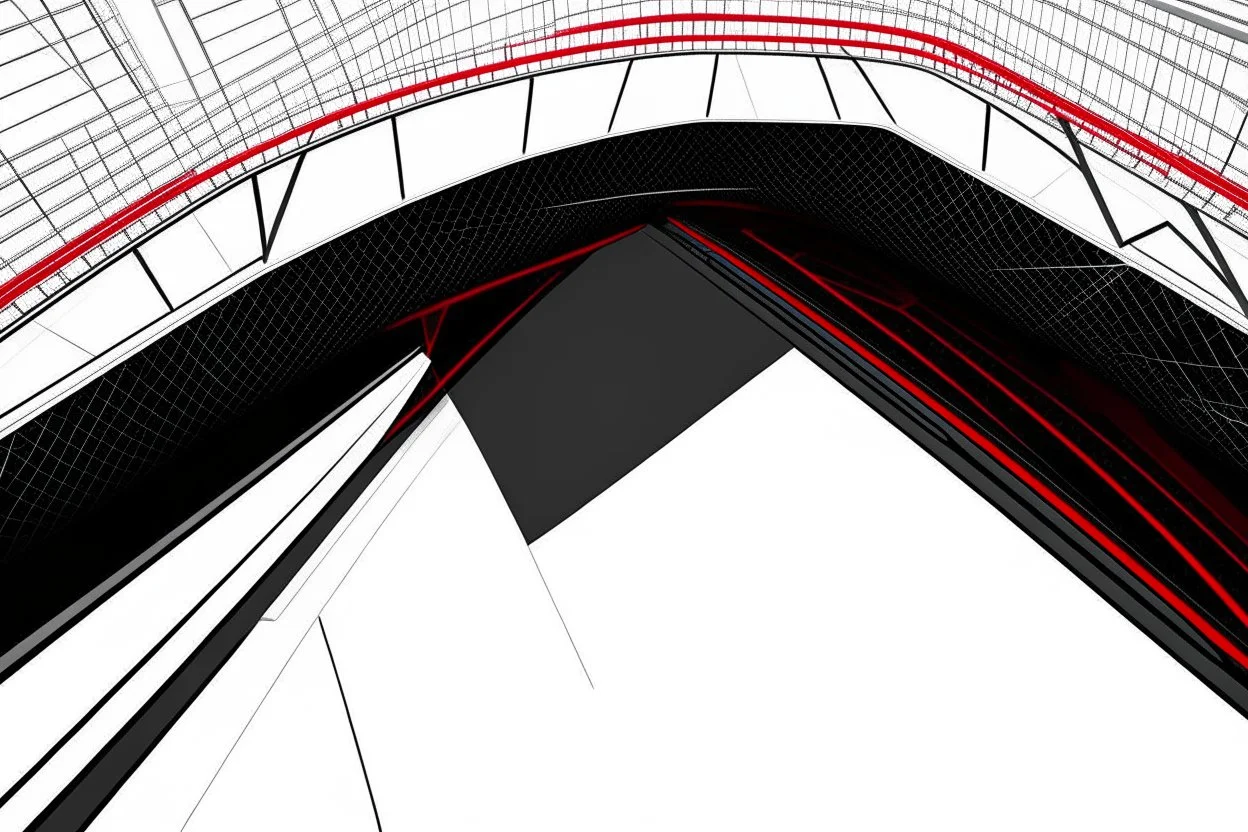 Architectural drawing of a futuristic pedestrian bridge, from above white, red and black colors