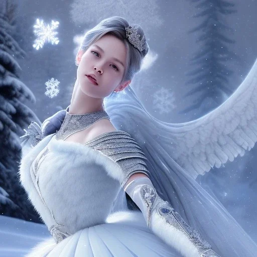 smooth hyper realistic, Subzero, pale colors, dark cosmos background, extremely sharp detail, finely tuned detail, ultra high definition, 8 k, unreal engine 5, ultra sharp focus, accurate sword wings, positive smile, lot of details, fit within portrait, Ambiance winter, perfect composition, by CHIHO AOSHIMA