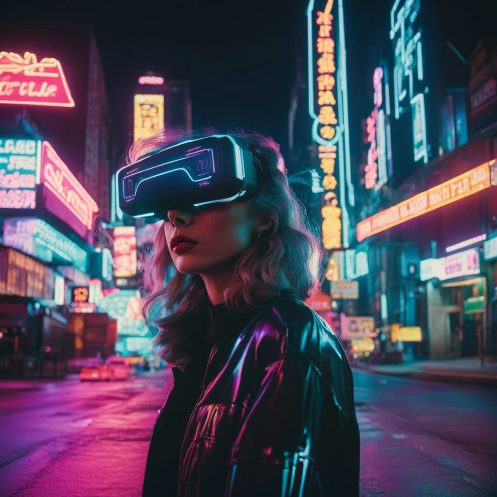 street photography of a woman on the street, night time, cyberpunk neon lights, 16mm , perfect photography, 1980's,vhs footage,wearing futuristic VR, low light,shot by jvc gr-sz7,glitch,back to the future