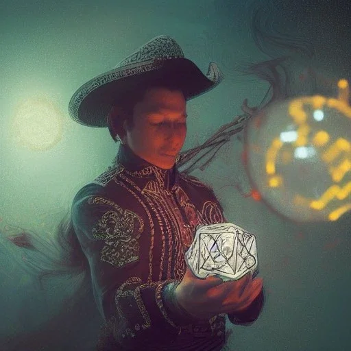 Insanely detailed photograph of an “male mariachi holding glowing D20” with intricate detailed Sombrero, intricate charo, hyperdetailed painting by Ismail Inceoglu Huang Guangjian and Dan Witz CGSociety ZBrush Central fantasy art album cover art,8K, hdr, mysterious, flickeringlights ,Stoic