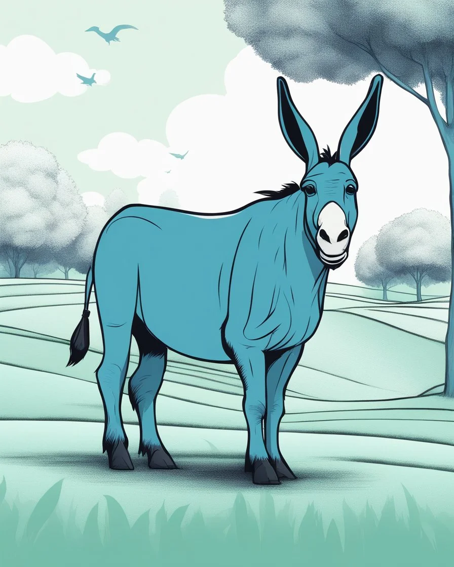 3D Sketch style, ink, modern aesthetic, elegant and abstract image of a blue, anthropomorphic donkey, with big ears, with a speech bubble that says "Don't be an ass!". The donkey is standing in a lush green field with some trees.