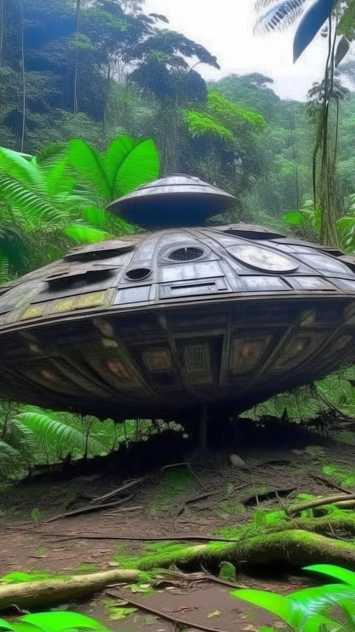 An abandoned damaged UFO spacecraft crashed in the Amazon rainforest , surrounded by monkeys ,
