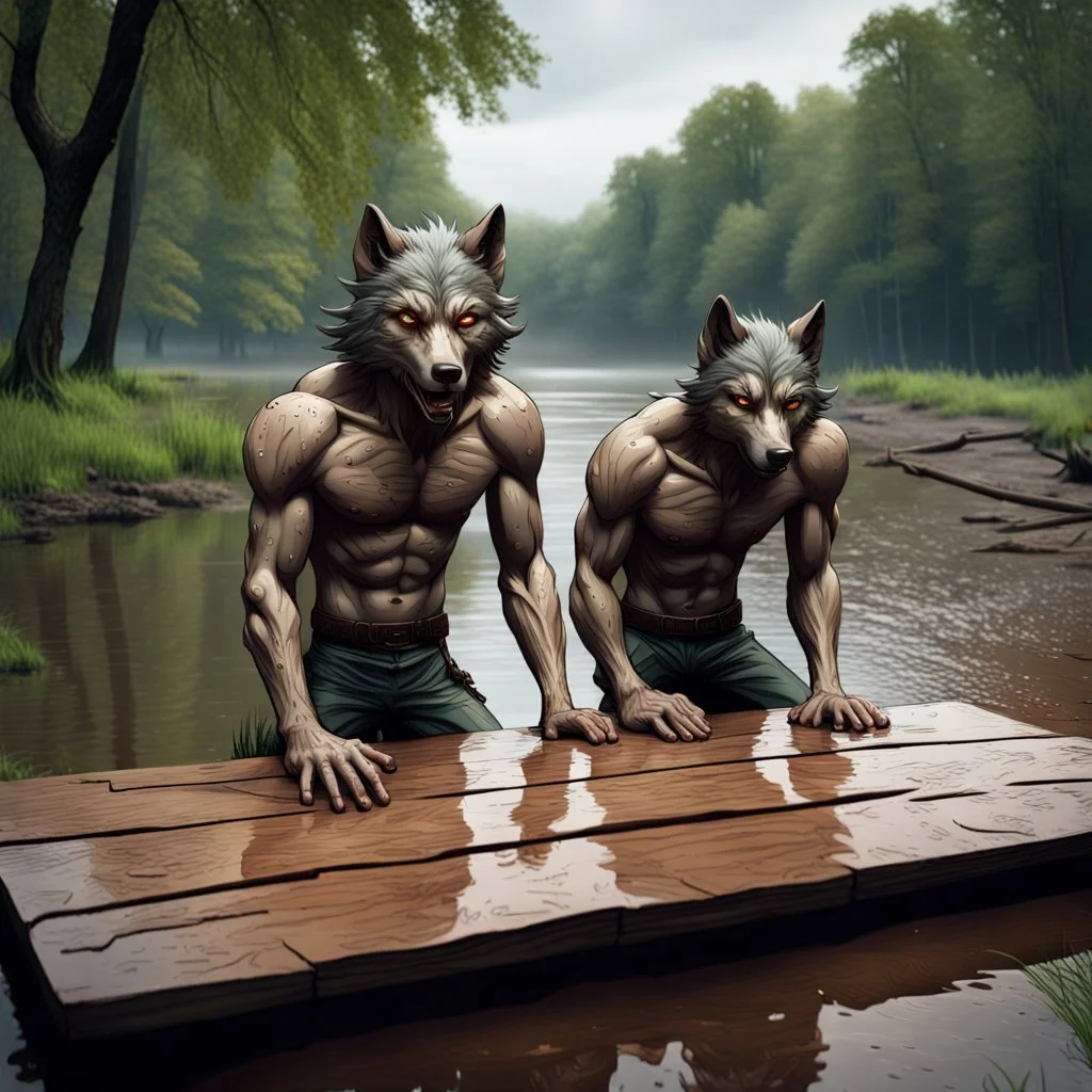 facing to the camera two anthropomorphic human-wolf man hybrid lie exhausted and wet on their stomachs on two massive wooden boards next to a deep river, on the opposite bank in the distance, hour-long, thick-trunk trees are faintly visible, grass, mud, rain, high realistic, detailed, cinematic, sci-fi, digital art, dark fantasy mood