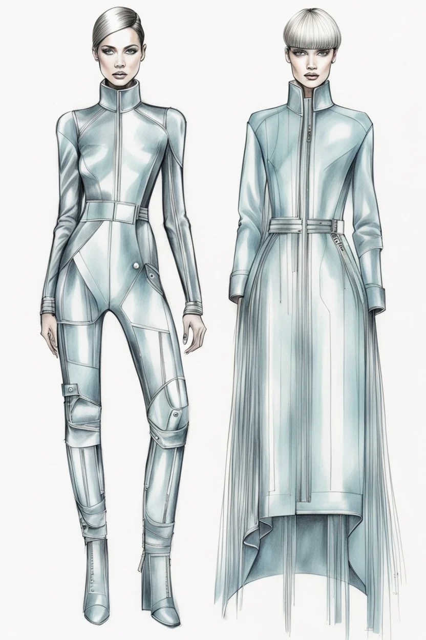 fashion illustration, draw sketches, overall from silver threads, microchip fashion, dress of the future, sci-fi dress