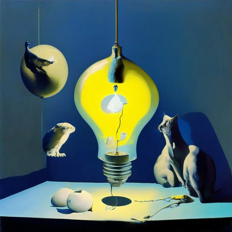 Abstract painting formed by a mix of human flesh-like surgical instruments and universe-like neuralink, a cat looking at a pigeon inside a huge bulb between light and shadow at dusk,surrealism,minimalism,Painting By Adrian Ghenie, Rene Magritte, Salvador Dali, Lucian Freud