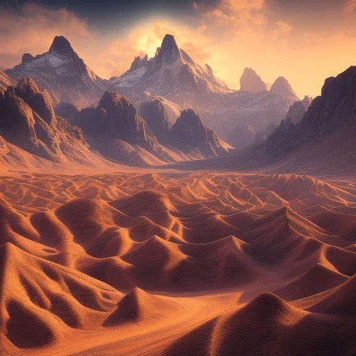 desert, great mountains, night sky, landscape, high detailed, hyperrealisme, sharp focus