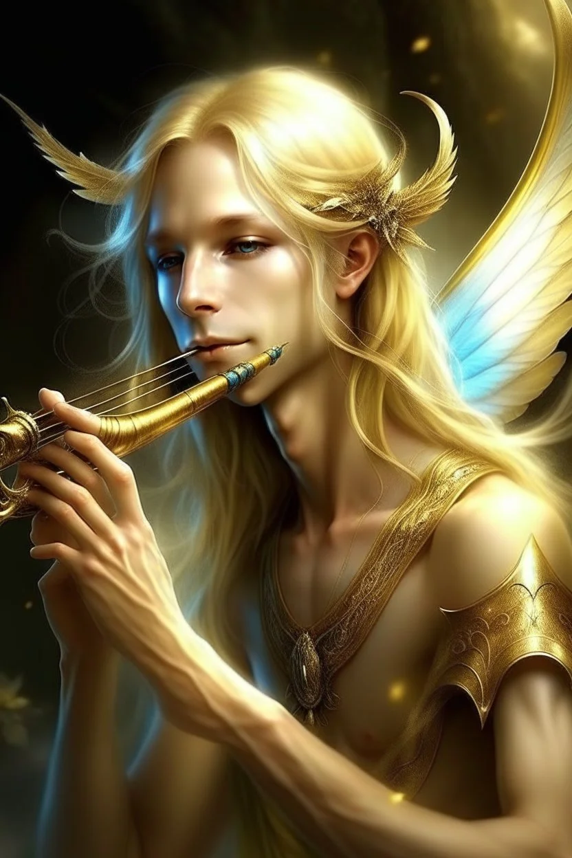männliche Fee, libellen flügeln, hellblondes, langes Haar, Flöte spielend, lange spitze Ohren, goldene, auffällige Augen, realistisch