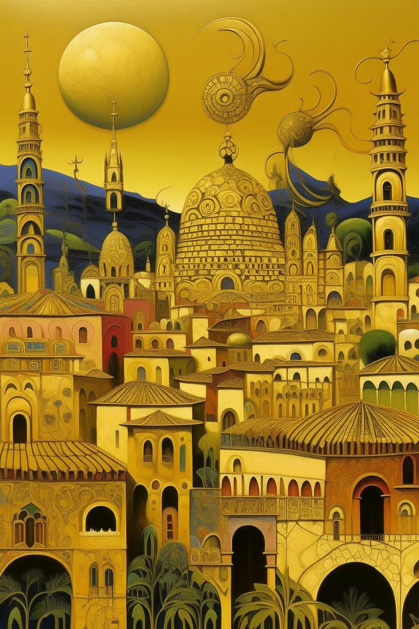 A gold metropolis with EDM instrument shaped buildings designed in Oaxacan alebrijes painted by Birge Harrison