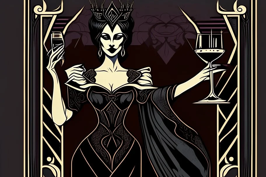 Stylized goth queen, wine in hand, In the style of Tarot and Art Deco, Black colours