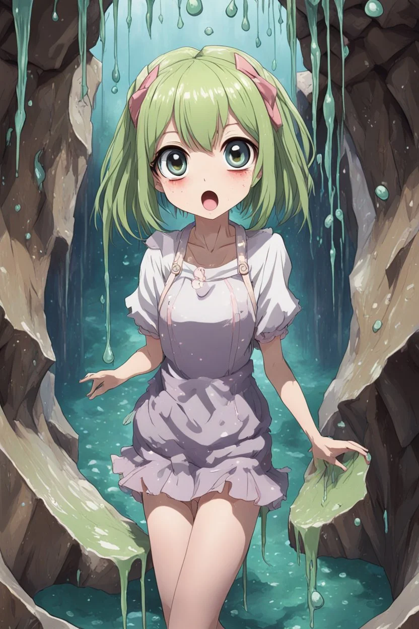 Anime girl with big eyes, fullbody, slime, the perspective looking up from the bottom of an empty well, rolling eyes, tongue out, tears drip, open mouth,