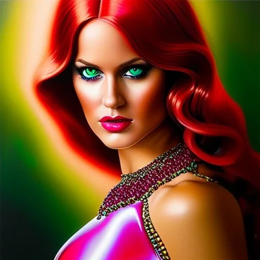 portrait in oil of young busty beautiful Red Sonja, minimal skintight latex pink dress, mystical colors, insanely detailed,insanely realistic skin,intrincate detail, 16k resolution,with big crystal clear green eyes looking to viewer, with ruby necklace by Adam hughes 16k