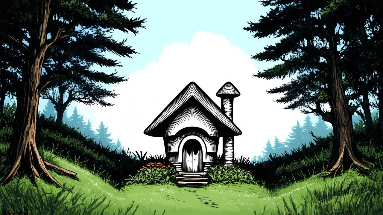 Ground-level outline sketch of a mushroom house in the woods