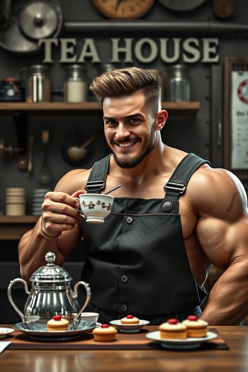 a young mechanic man with huge muscles and his top off enjoying high tea by himshelf with little cakes, with large title( Large *thrusting* member TEA HOUSE)