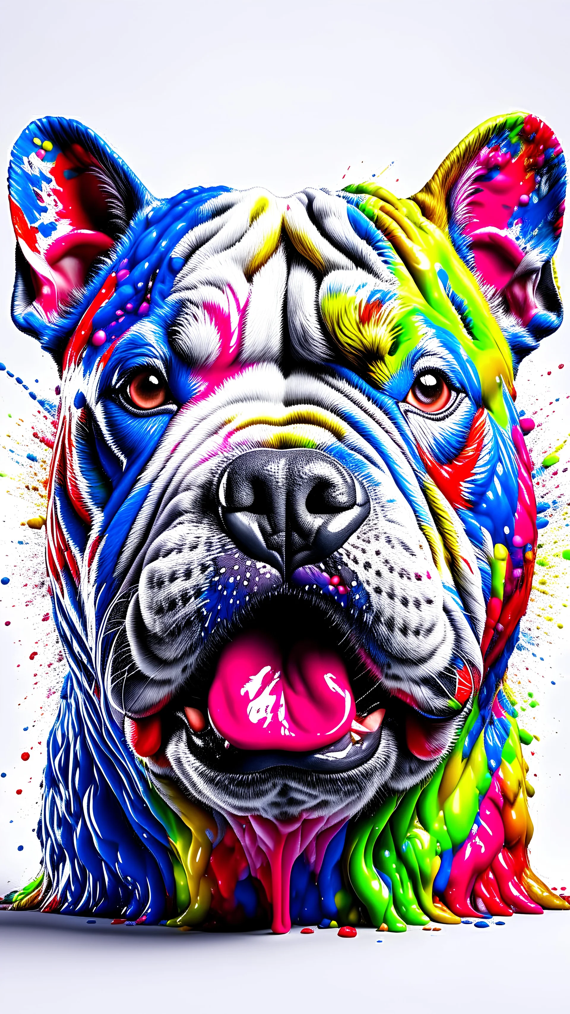 Splash art, a american bully head, ((white background)), roaring, epic Instagram, artstation, splash style of colorful paint, contour, hyperdetailed intricately detailed , unreal engine, fantastical, intricate detail, splash screen, complementary colors, fantasy concept art, 8k resolution, deviantart masterpiece, oil painting, heavy strokes, paint dripping, splash arts