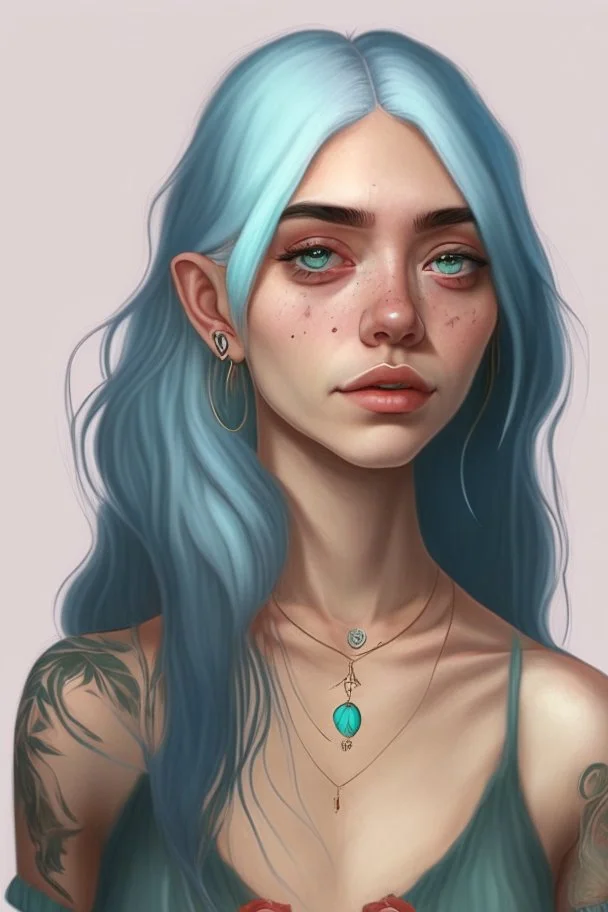 Young woman with big grey eyes, light brown skin, rosy cheeks, long silver earrings, really long straight blue hair, round face, slim body, big bobs, green shirt, red flower tattoo on collarbone,