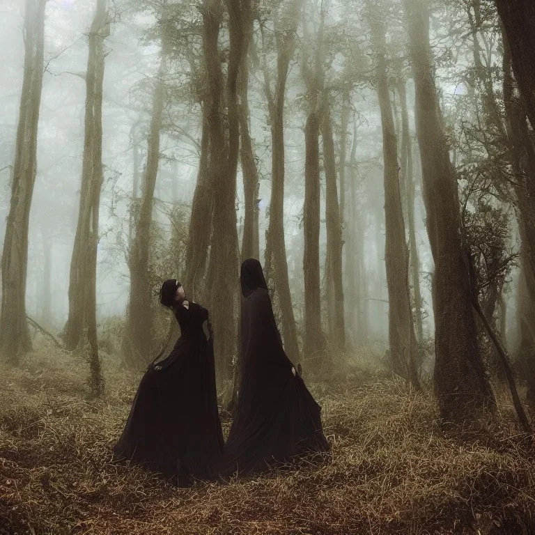 photographic quality mystical witches pagan goth monolith fires woods dark misty moody dancing flowing gowns beautiful young ultra detail