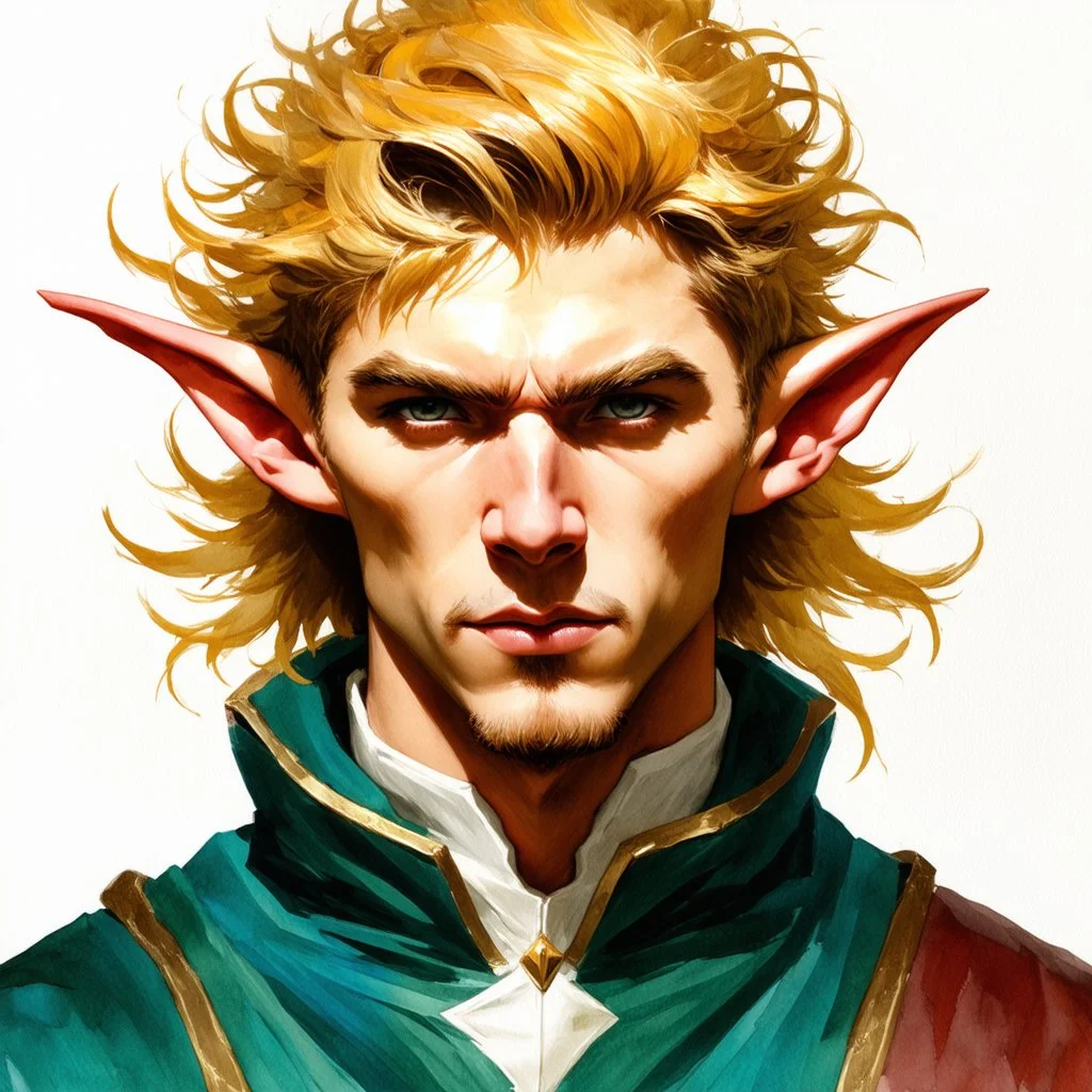 fantasy, portrait, elf, male, marble skin, watercolour, golden hair