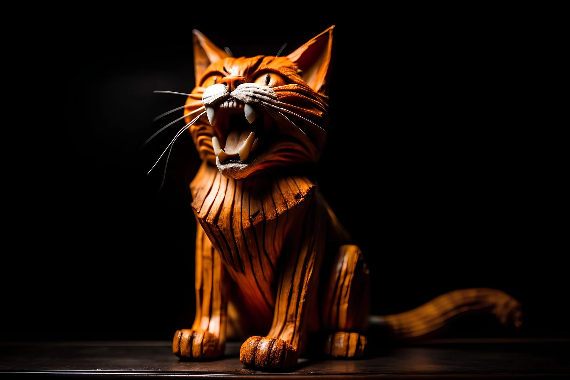 orange cat with white legs wooden sculpted cat in aggressive stance, open mouth, made of old wood, black empty space, close up, photo with many details and high resolution